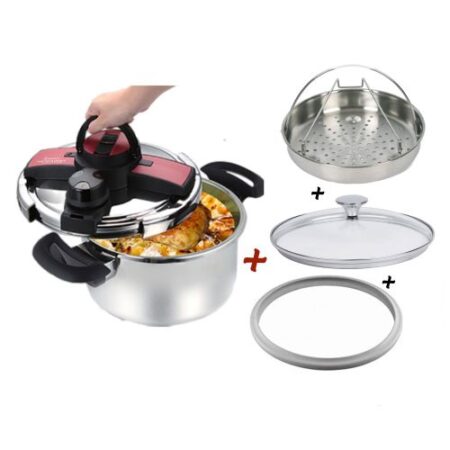 Cocotte Minute en inox 18/10 + Cuite a vapeur + Joint  +Couvercle en verre Robuste