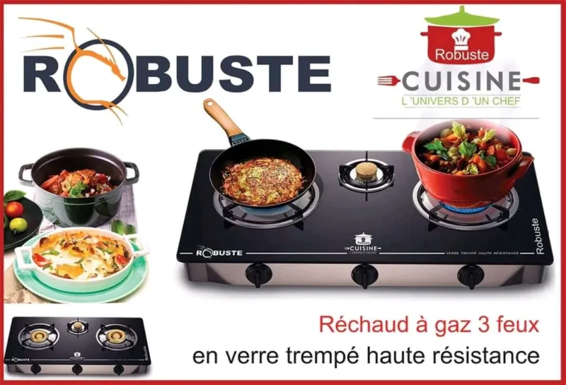 Réchaud a gaz 3 Feux en verre trempé Noir Robuste