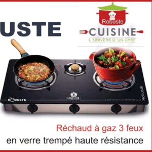 Réchaud a gaz 3 Feux en verre trempé Noir Robuste