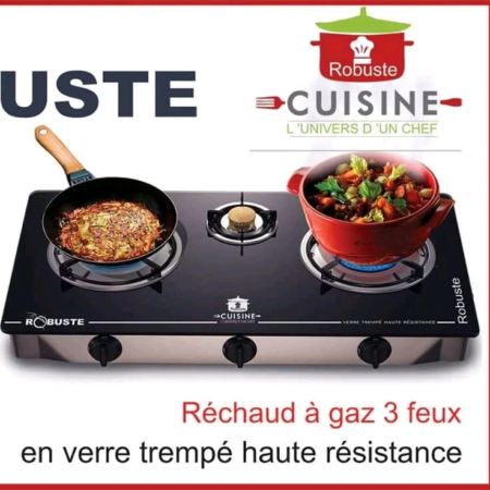 Réchaud a gaz 3 Feux en verre trempé Noir Robuste