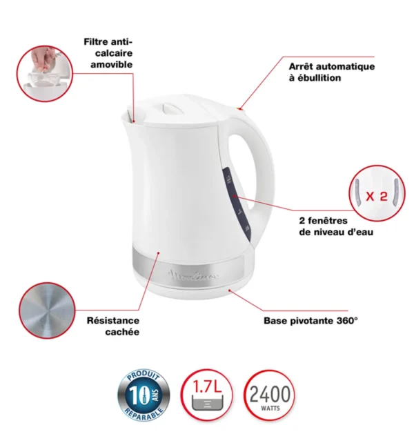 Bouilloire Électrique Sans Fil 1,7L 2400W Principio Plus Moulinex BY108110 – Image 3