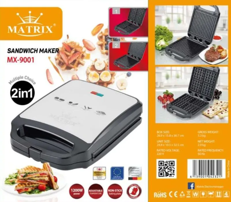 Panineuse et Gaufrier XL 2 en 1- 1200 W Matrix Mx-9001