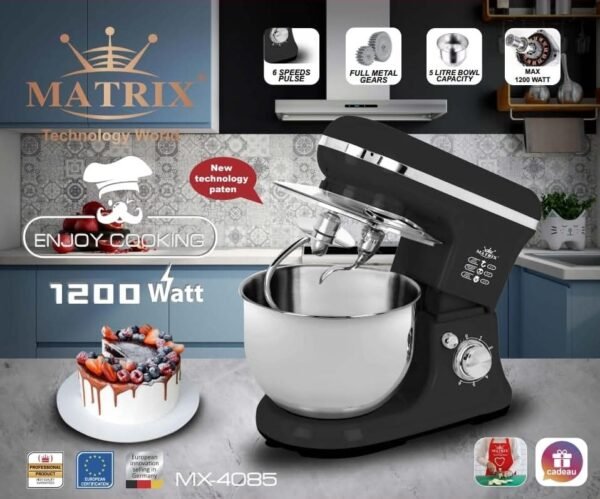 Pétrin Double Crochets 05L - 1200W avec 04 Accessoires Noir Matrix MX-4085 – Image 3