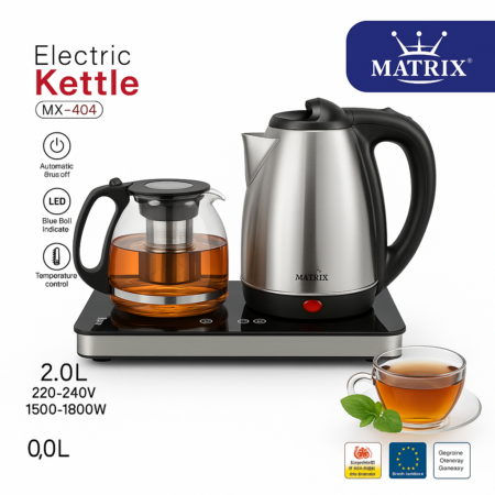 Bouilloire 2L En inox + Théière en verre 1800 W Matrix MX-404