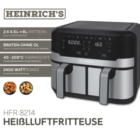 AirFryer inox Double BAC 9L '' 2 X 4.5L '' 2400W 200° Heinrich´s Germany Original HFR 8214
