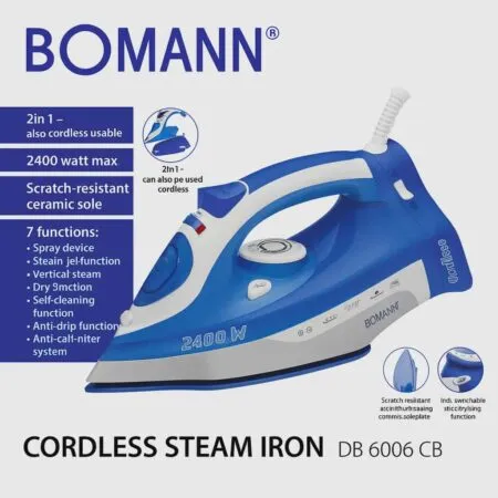 Fer à Repasser à Vapeur Sans Fil 2400W Avec 07 Fonctions Bomann  DB 6006 CB