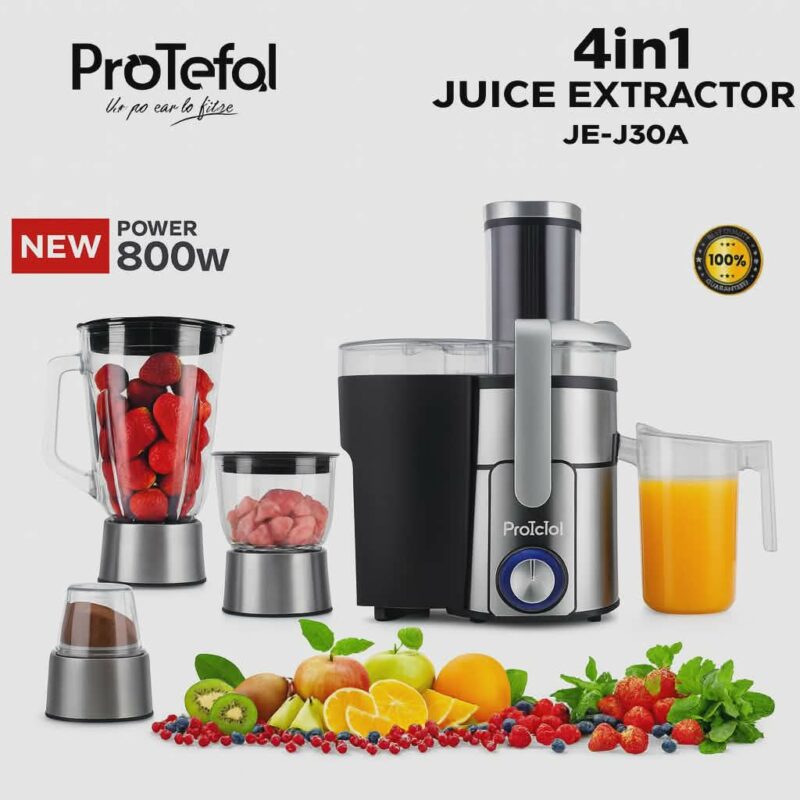Centrifugeuse inox 4 en 1(Centrifugeuse +Blender en verre + Hachoir en verre +Moulin en verre) 800W ProTefal JE-J30A