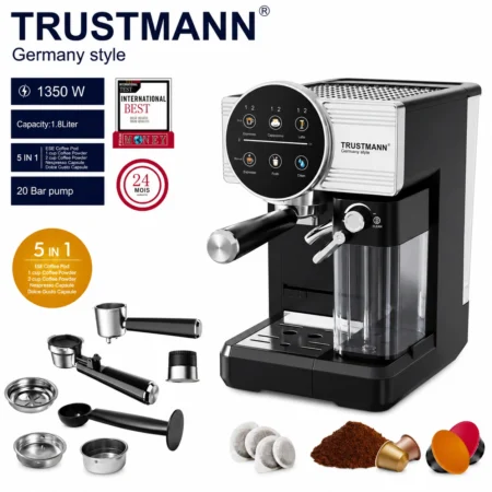 Machine à café et Lait inox 5 en1 Café Poudre et Capsule Nespresso 1350W 20 Bar TRUSTMANN® TM-CM-002