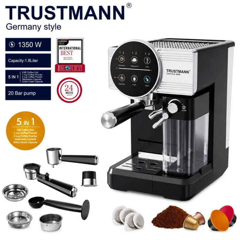Machine à café et Lait inox 5 en1 Café Poudre et Capsule Nespresso 1350W 20 Bar TRUSTMANN® TM-CM-002