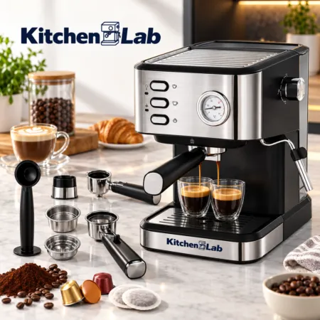 Cafetière inox a Bras 4 en 1 – 20 Bars 1050W 1.5L Café Poudre et MultiCaps KitchenLab KT-CM-001