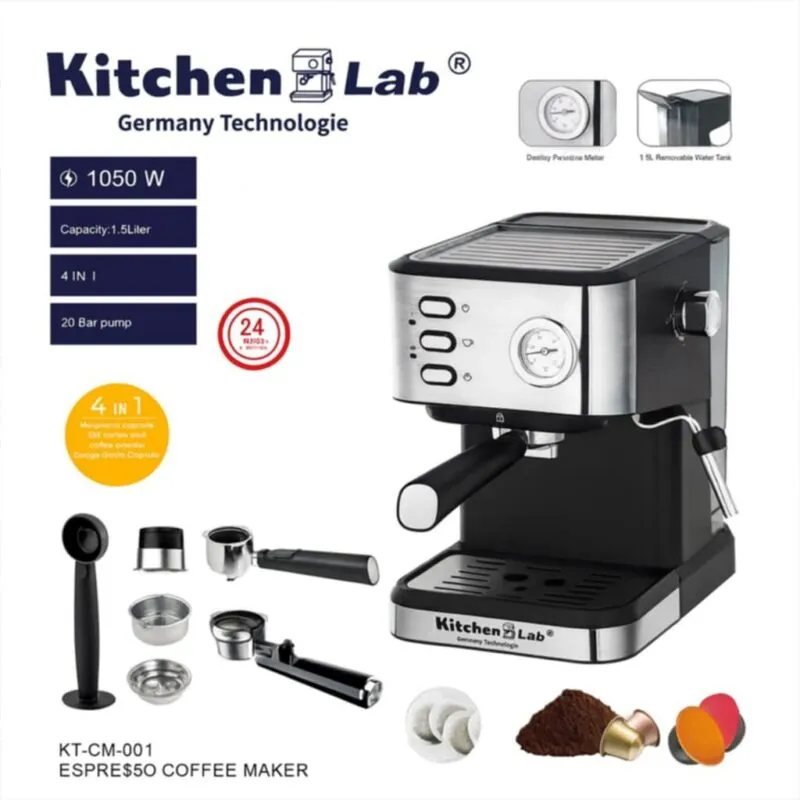 Cafetière inox a Bras 4 en 1 – 20 Bars 1050W 1.5L Café Poudre et MultiCaps KitchenLab KT-CM-001