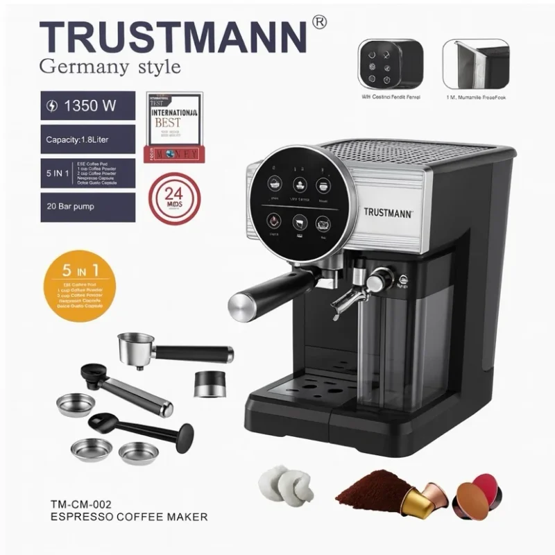 Machine à café et Lait inox 5 en1 Café Poudre et Capsule Nespresso 1350W 20 Bar TRUSTMANN® TM-CM-002