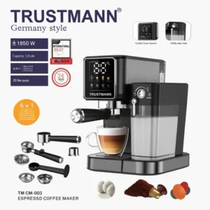 Machine à Café et lait inox 6 en 1 Multi Capsules et Café Poudre 1350W 20 Bar 1L TRUSTMANN TM-CM-003
