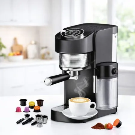 Machine a Café Digital 4 en 1 - 20 Bars 1400W Café et Lait et Cappuccino – Café Poudre et Multi-Capsules 1.1 L KitchenLab KT-CM-002