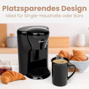 Machine à café1 tasse avec filtre Lavable + tasse en céramique de 140 ml | Petite machine à café à filtre pour les déplacements | Clatronic KA 3356 Noir