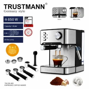 Machine a Café inox 5 en 1 - 20 Bars 850W 1.6L Café poudre et Capsule Nespresso et cappuccino Germany Style TrustMann TM-CM-005