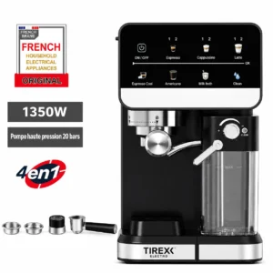 Machine a Café Digital 4 en 1 – 20 Bars 1350W Café et Lait et Cappuccino – Café Poudre et Capsules Nespresso 1.1 L Tirexx Original CAF2100S