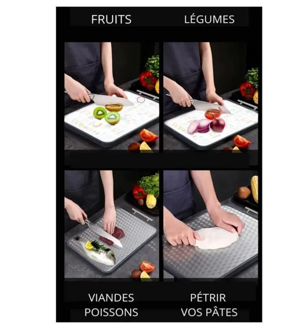 planche a découper la viandes ,poissons ,fruits ,légumes ,pétrir vos pâtes
Double face