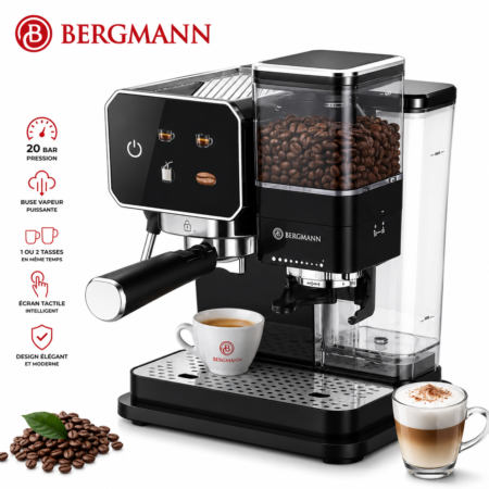 Machine à café 3 en1 Café Grain+ cappuccino 20Bar  1350w +1.8L Fonction Moulin a café Bergmann b2028