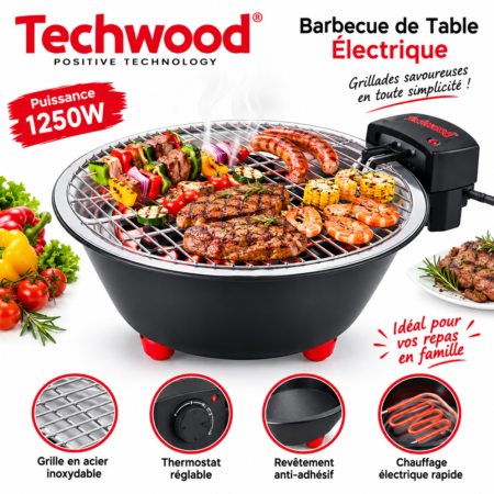 Barbecue Electrique Ø 31cm Techwood 1250W TBQ-806 Noir
