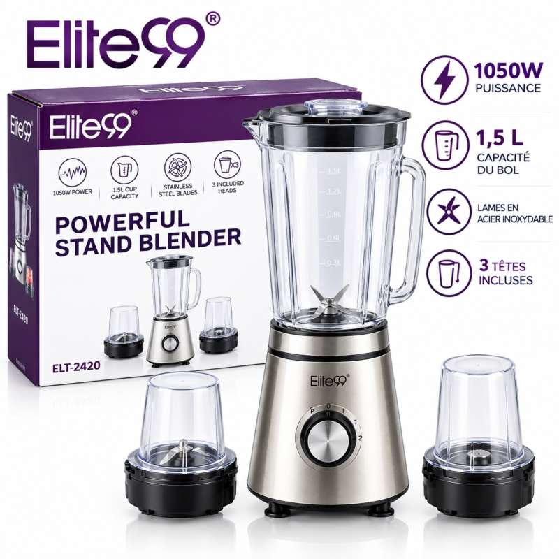 Blander en verre 1.5L 1050W avec 2 moulin Elite99 ELT-2420