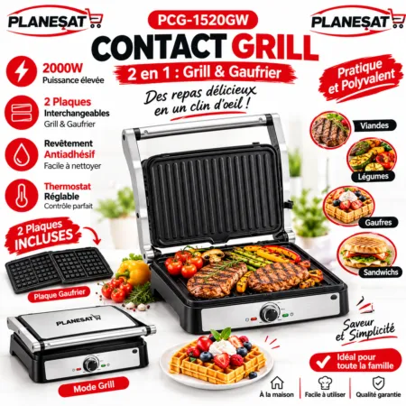 Panineuse inox 2en1 2000W 180°  planesat  PCG-152-GW