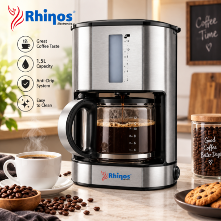 Cafetiere inox Electrique 12-15 Tasses 1.5L 1080W Bocal en verre Rhinos CM2059S
