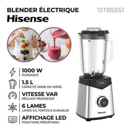 Blender électrique Hisense – 1,5L – 1000W – Inox – Contrôle LED Bol EN Verre H15TBSSS1