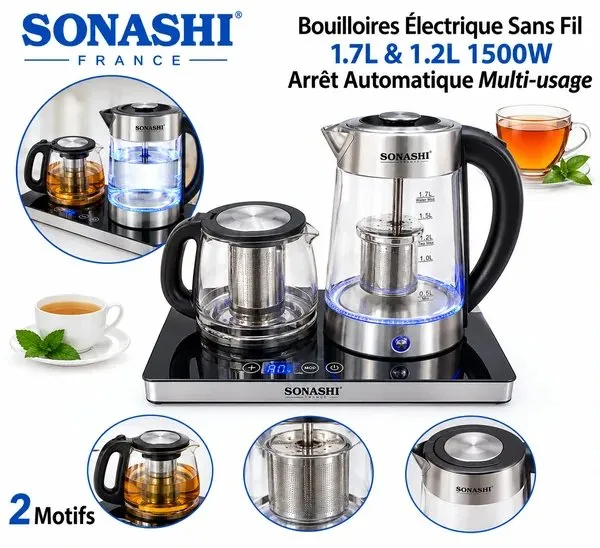 Bouilloire 1.7L + Théière1.2L en verre 1500 W STT-12 Sonashi