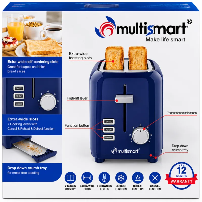 Grille Pain 2 Tranches 750W 7 Niveaux de cuisson et fonctions décongeler Multismart MS-TS2101 Gris/Bleu