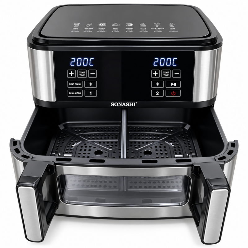 Air Fryer Numérique Inox 10,5 L 2600 W – Grand Bac Divisible en 2 Zones, Multiprogrammes | Sonashi SAF-115
مقلاة هوائية رقمية إينوكس 10.5 لتر 2600 واط – درج كبير قابل للتقسيم إلى منطقتي طهي، متعددة البرامج | Sonashi SAF-115